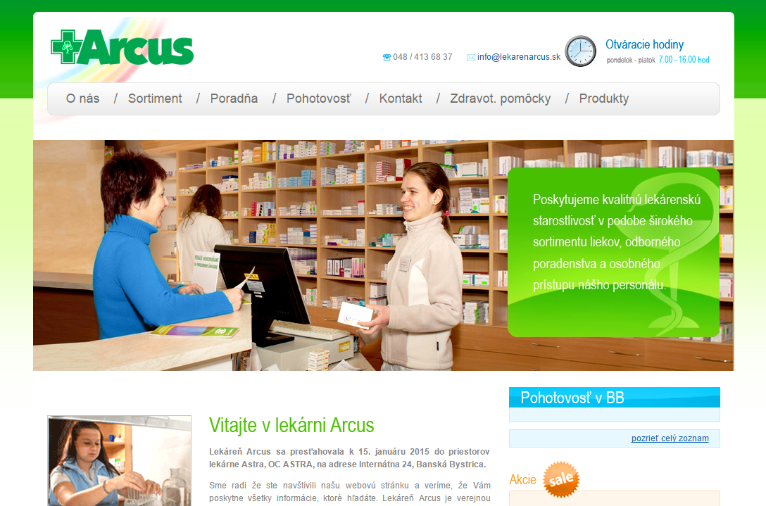 Internetová stránka LekarenArcus.sk
